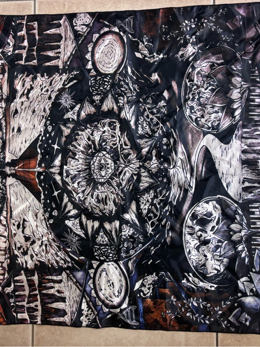 Source Unknown Black, Cream and Brown Celestial Mandala Scarf